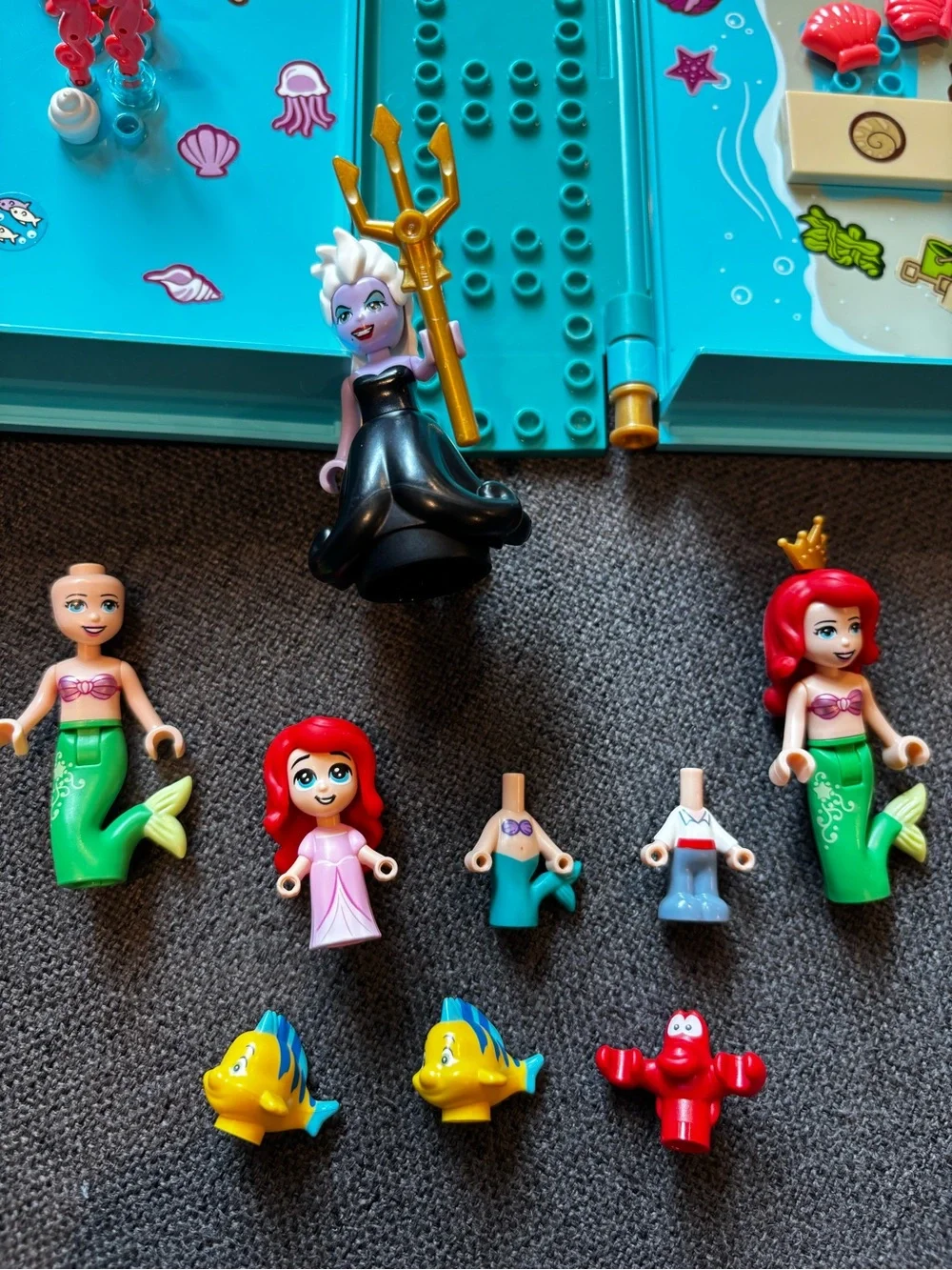 Disney Lego mini figures Ariel, Ursula, Sebastian, and Flouder